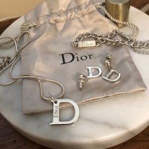 Christian Dior Silver Logo Necklace & Earrings